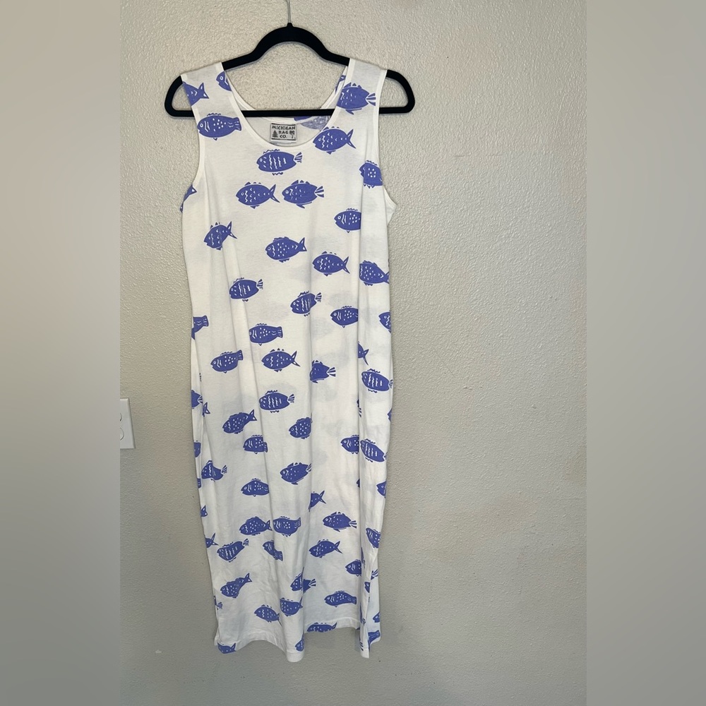 Michigan Rag Co White and Blue Fish sleeveless 100% cotton maxi dress size XL